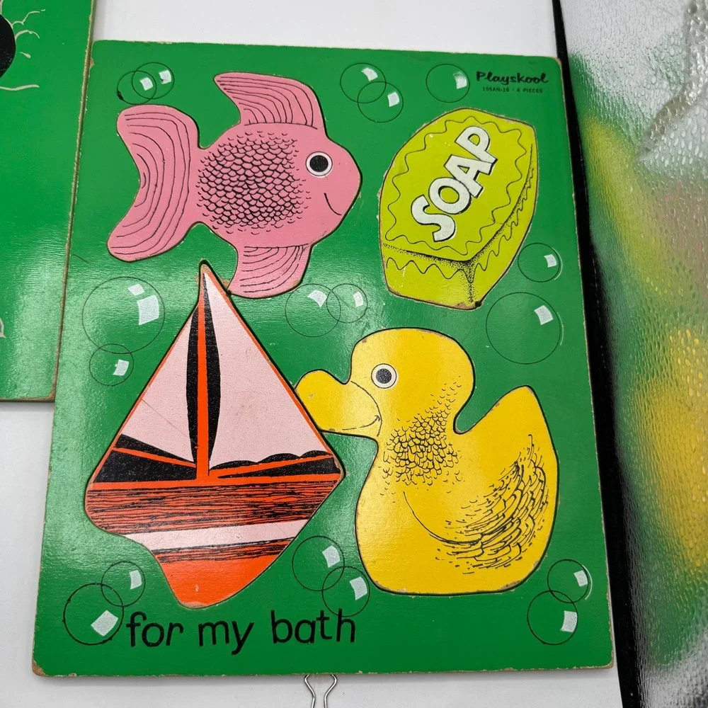 Playskool Wood Tray Puzzles Kids Preschool Green Monkey Shines For My Bath 2pk